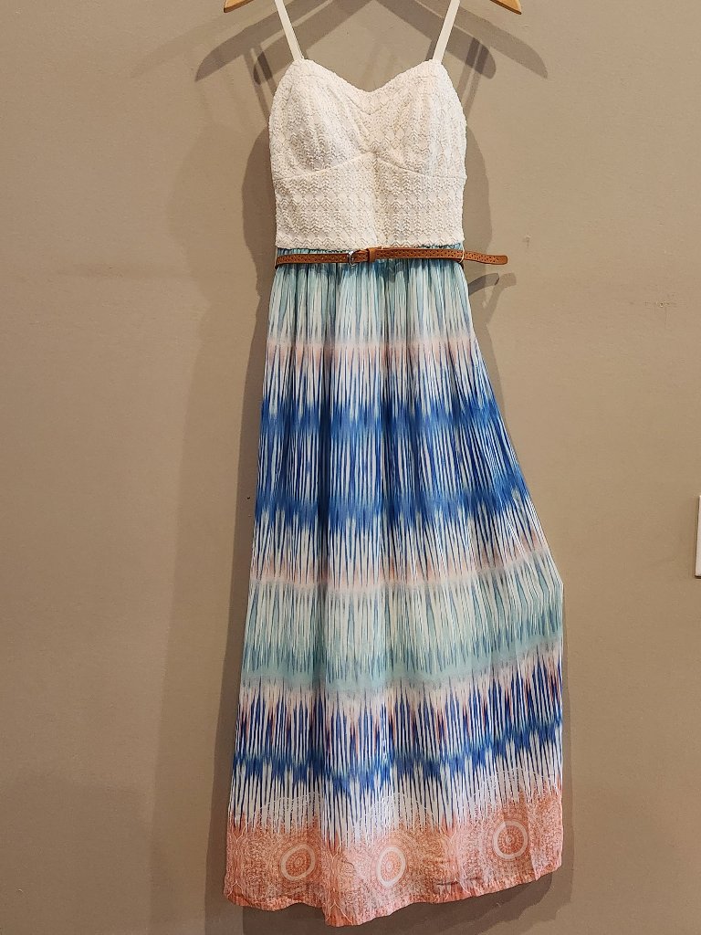 Lily Rose Boho Maxi Dress Medium White Lace Bodice Blue Tie Dye Belted